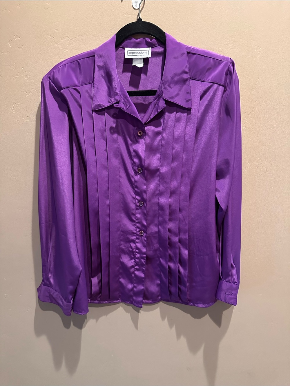 Impressions of California Purple Satin Pleated Button Up Blouse  - Vintage